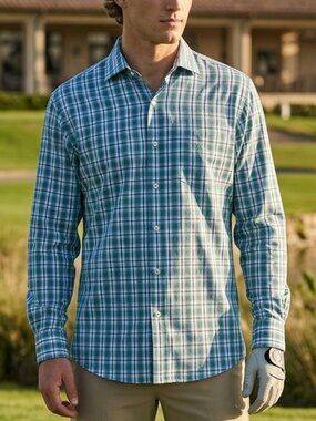 Peter Millar Men's Blue Plaid Button-Up Shirt Size XL